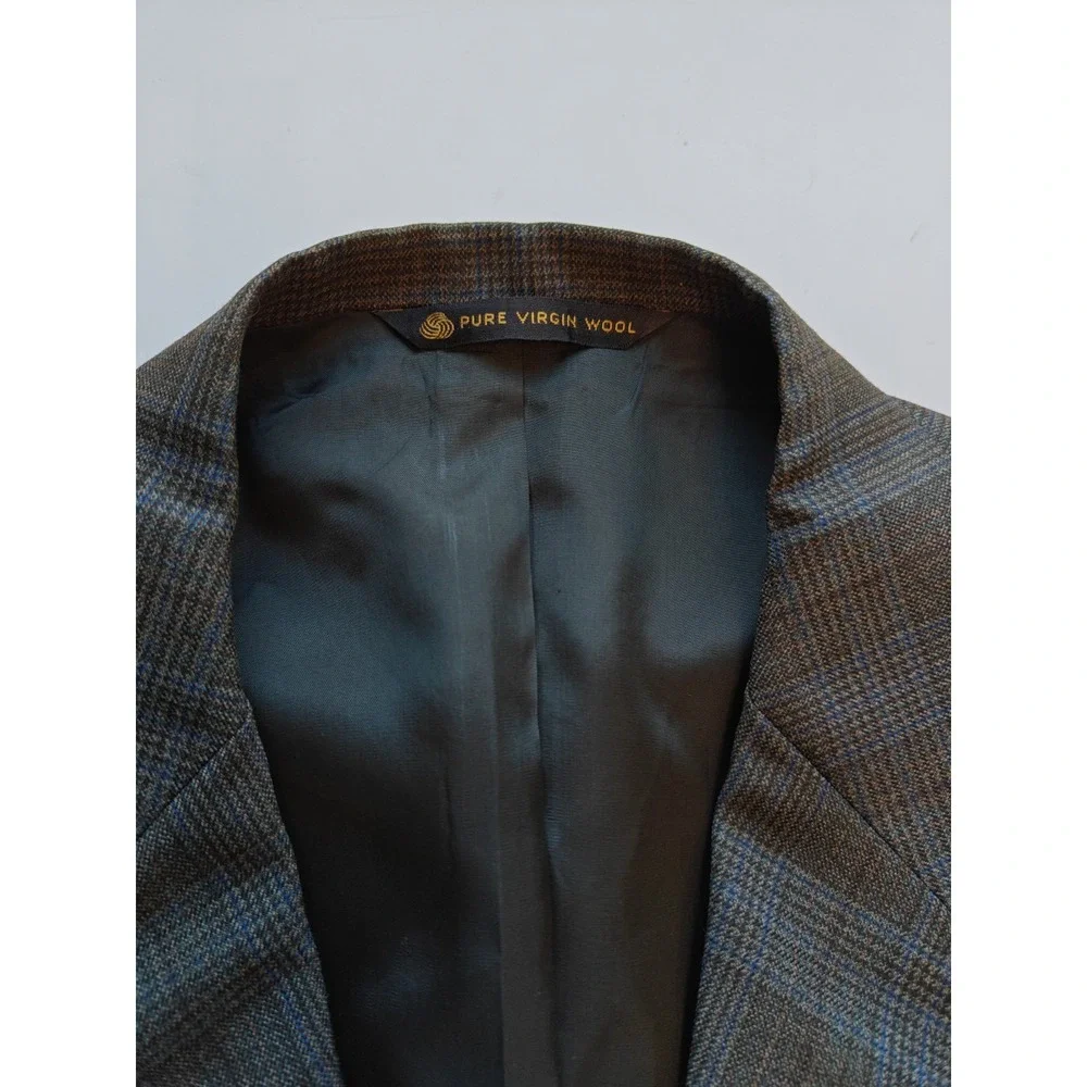 Baskin Mens Wool Sports Coat 46R Olive Glen Plaid USA Vintage 2 Button Blazer